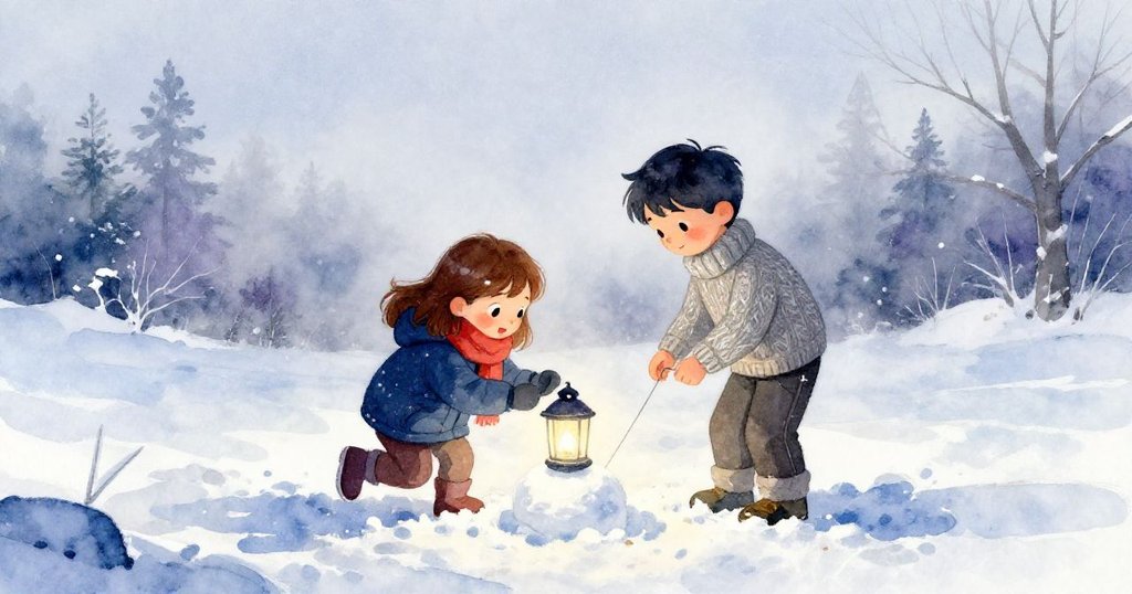 Josie和Ian在蔚藍雪地中出發,踏著新鮮雪印,滿懷期待在晨霧中啟動奇幻冒險旅程