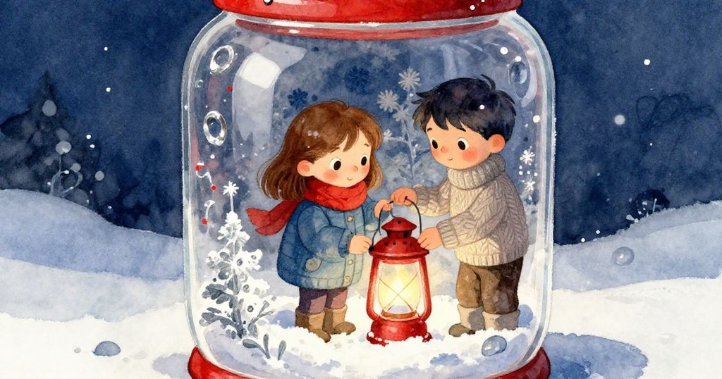 透過清澈玻璃,Josie與Ian協作調整雪燈,玻璃中映出他們認真柔和的面容與雪燈細節