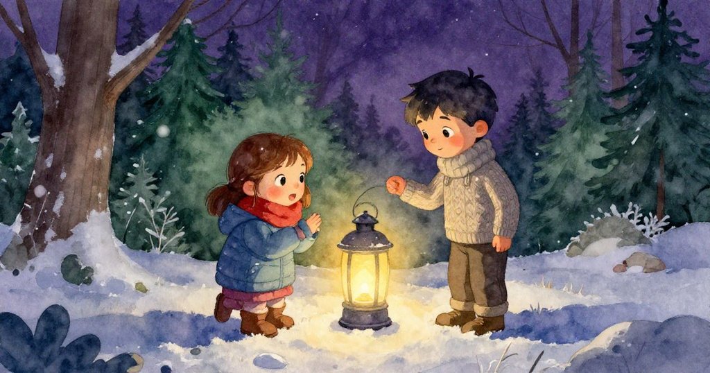 Josie與Ian站在雪地前台,面帶欣慰欣賞發出暖琥珀光的雪燈,象徵團隊合作與奇幻夢想的完美結局