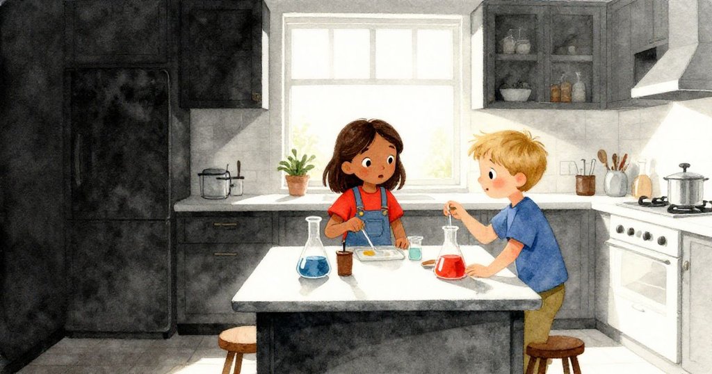 在陽光明媚的家中廚房，Yara 穿紅上衣，Palmer 穿藍襯衫在桌邊互動，實驗工具與彩色玻璃展開探索起始。