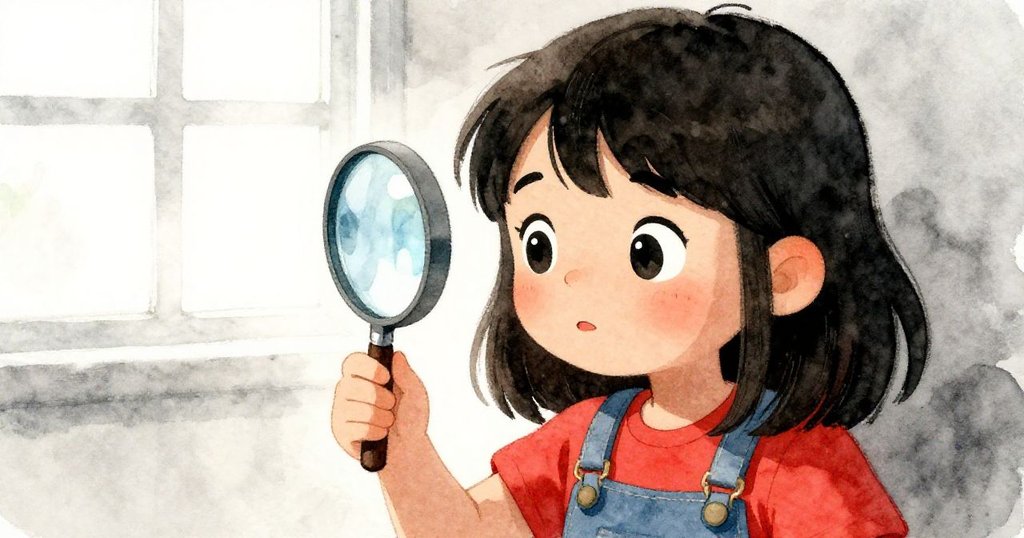 Yara專注凝視著放大鏡，面露好奇與疑慮，背景藍玻璃與窗外光線構成溫柔互動。