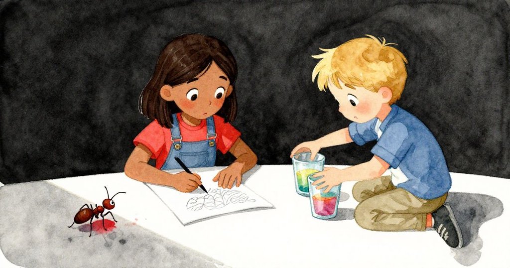 Palmer專心繪製筆記本，Yara調整彩色玻璃，桌上蚂蚁穿越染料痕跡，多層次細節展現探索驚奇。