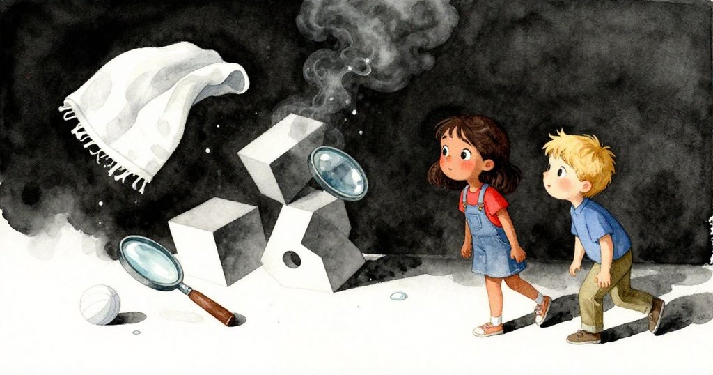 在超現實空間中，桌上物件與光影交織成奇異幾何，Yara與Palmer身影隱約浮現，夢幻且抽象。