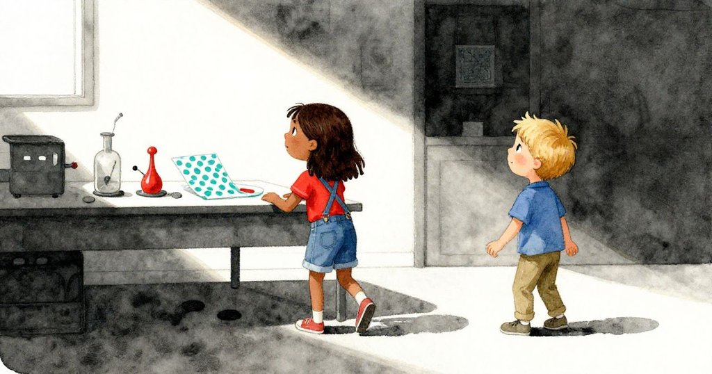 在恢復平靜的房間，Yara與Palmer帶著微笑遠離桌邊，筆記本上留有藍綠點滴，蚂蚁依然堅定前行，故事圓滿。