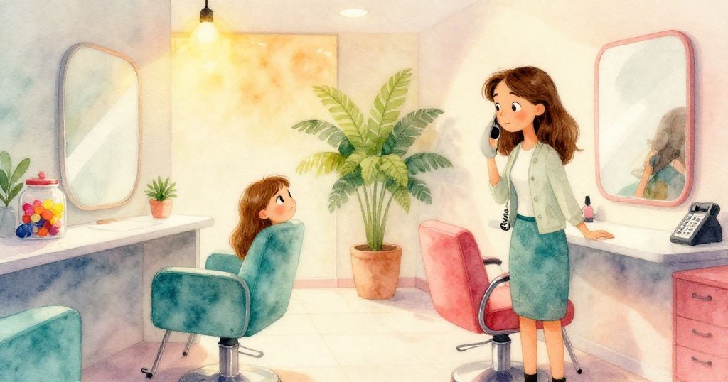 佩特拉在溫暖沙龍中坐著，聽到接待電話聲，她好奇地望向發光糖果瓶，現場環境充滿晨霧與柔和光線。