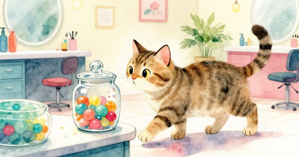 條紋貓在櫃台旁靠近透明糖果瓶，輕輕嗅聞鮮亮包裝，玻璃反射溫暖光點，場景充滿好奇與活力。