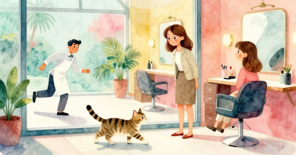 佩特拉透過大窗觀察，白色圍裙服務生急匆匆走過外面，條紋貓躍上櫃檯，現場動態對比明顯。