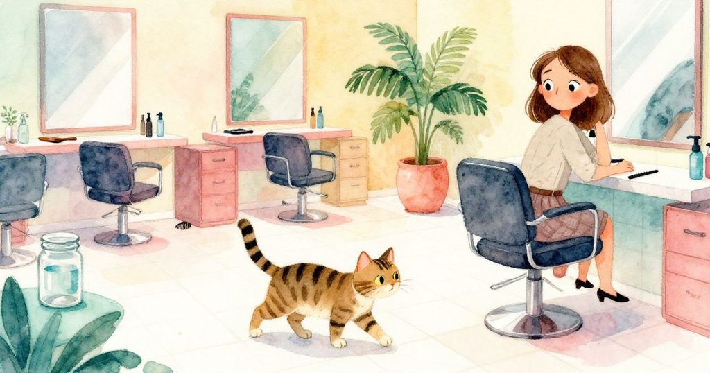 沙龍恢復平靜，糖果瓶靜置於噴霧瓶旁，一把梳子輕輕搖動，佩特拉帶著寬慰微笑注視著條紋貓離開。