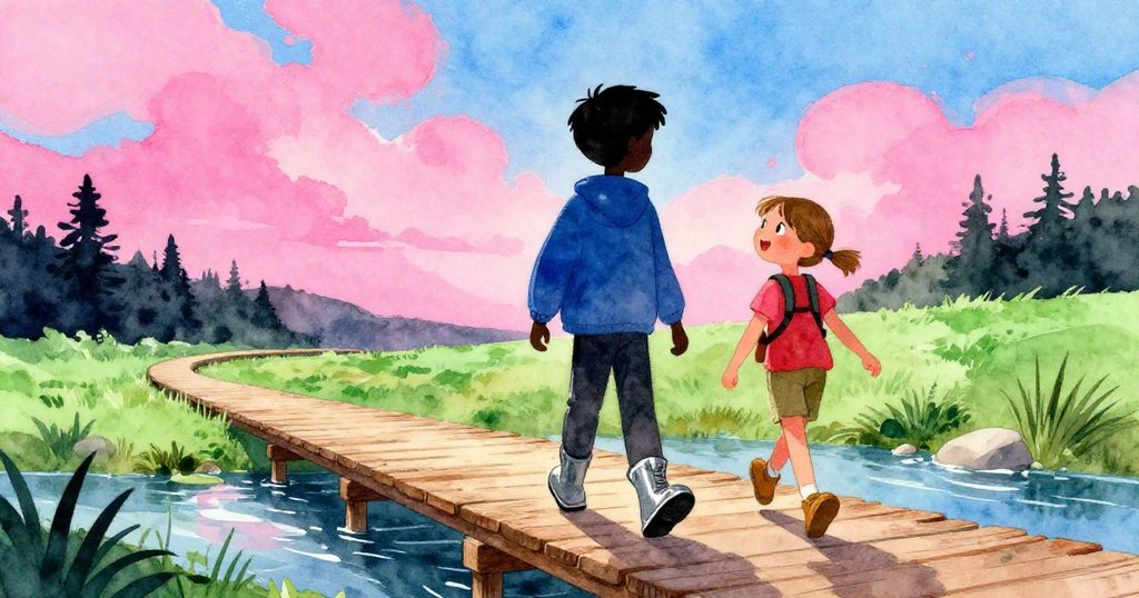 耐亞與薩姬在木板路上前行，水流拍打下散發亮光，剪影中展現充滿期待的冒險起點。