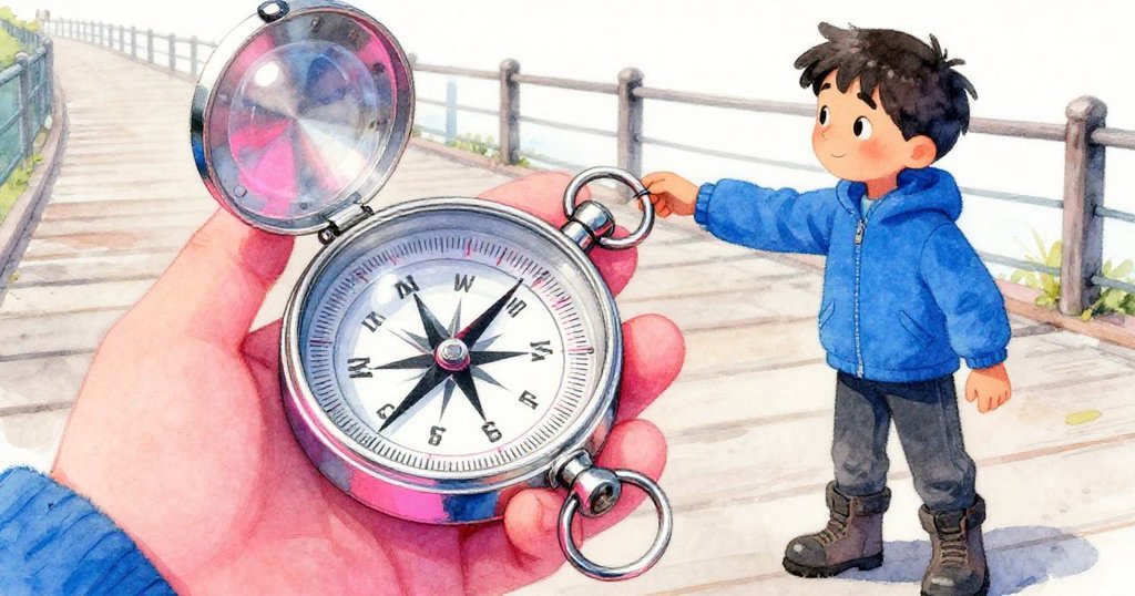 耐亞專注調整指南針，手部細節清晰，指針因小泡微移，展現冒險探索中的謎樣情景。