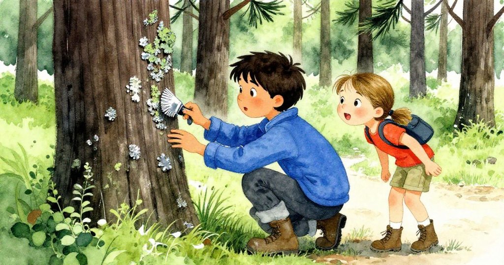 薩姬俯身清除木柱上苔蘚，苔蘚形似小恐龍，耐亞在旁邊好奇觀望，顯示探索過程中的驚奇瞬間。