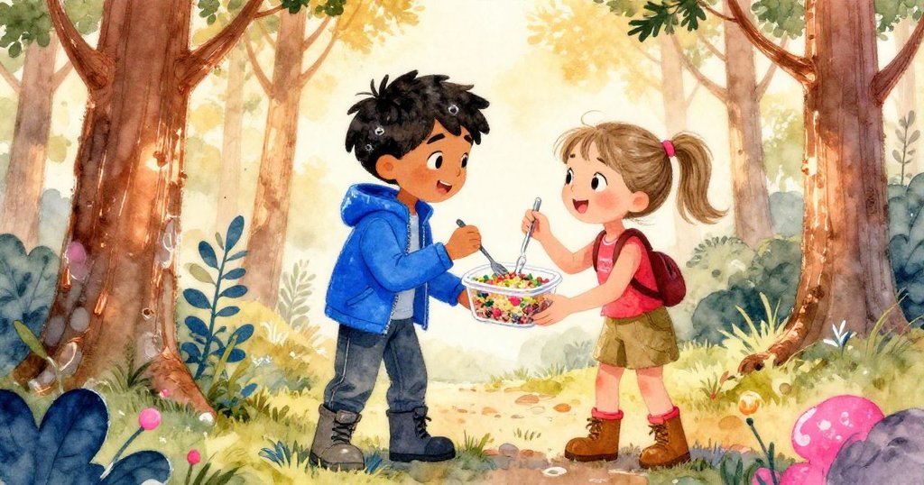 耐亞與薩姬在松樹下靜靜共享藜麥沙拉，溫暖光線中樹幹微銅映襯，呈現平靜而滿足的旅途時刻。