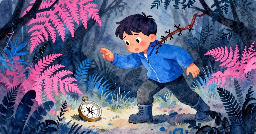 耐亞驚慌拾起落地指南針，枝條輕觸肩膀，蕨葉間緊張氣氛明顯，呈現冒險轉折瞬間。