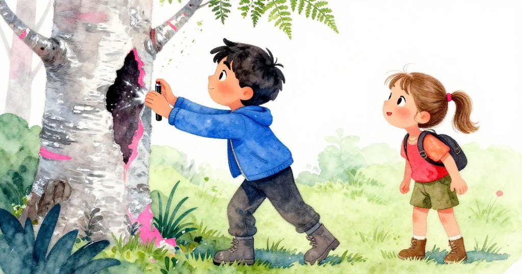 薩姬輕觸樺木枝上隱藏標記，蕨孢細緻流動，耐亞靜觀中流露期待，展現神秘冒險結局。