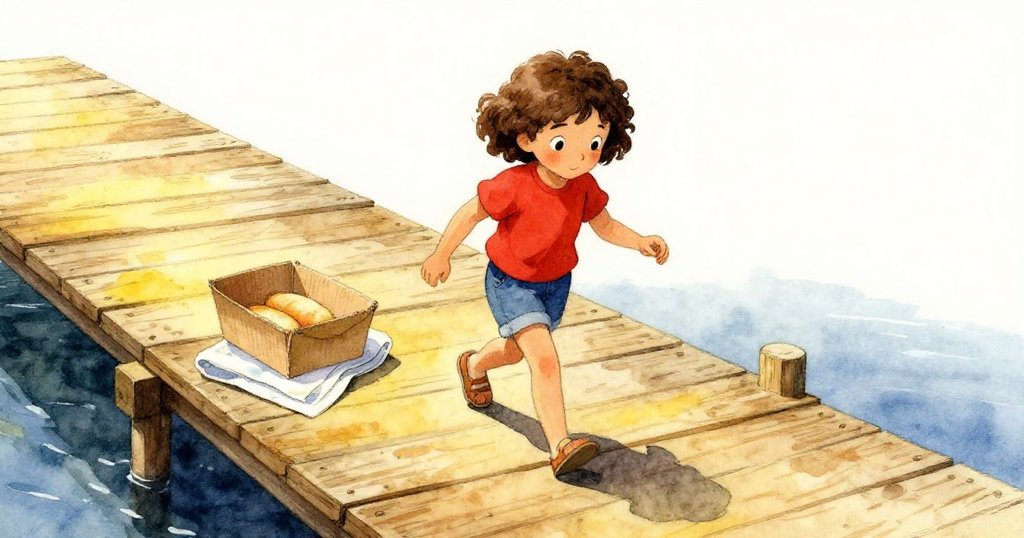 奧莉芙在明亮木板碼頭邊準備釣竿，旁邊有半開紙箱與摺疊毛巾，表情充滿好奇與期待，背景展現自然水岸與遠處柳樹。