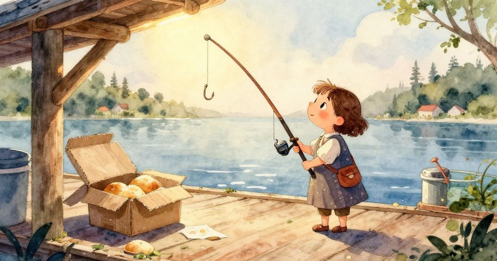 奧莉芙專注地用手捏弄撒有起司粉的麵團，近拍呈現釣鉤與麵團細緻紋理，情緒溫柔充滿期待。