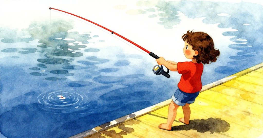 奧莉芙揮舞釣竿，釣線隨紅光閃爍滑過斑駁水面，神情自信活潑，展現自然光影與動態美感。