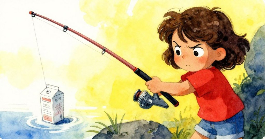 奧莉芙滿臉決心緊握釣竿，特寫捕捉釣線爆發瞬間及旁邊塑膠箱搖晃，情緒激昂充滿內心掙扎。