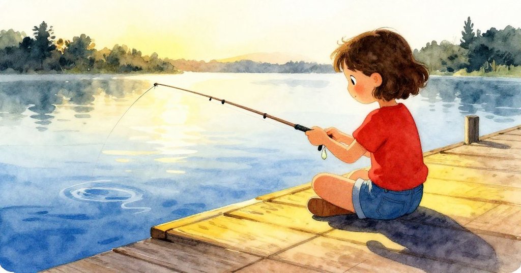 夕陽灑在木板碼頭上，奧莉芙平靜地放回釣餌，釣線隨波漂流，場面從緊張轉為寧靜，完成一天的告別。