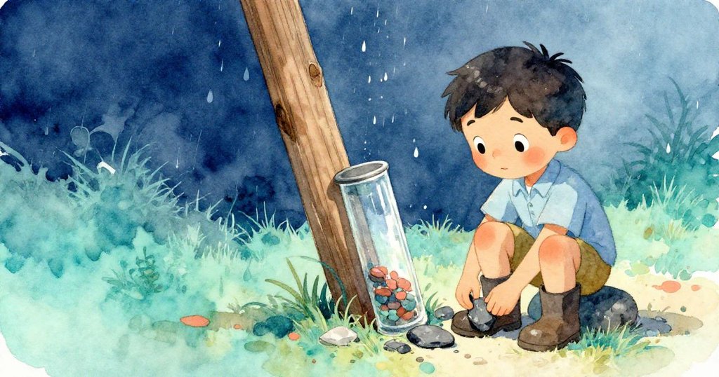 昆恩在露天環境中調整小石片,前景清晰展現石片紋理,中景木柱與玻璃儀器若隱若現,雨光交錯細膩。