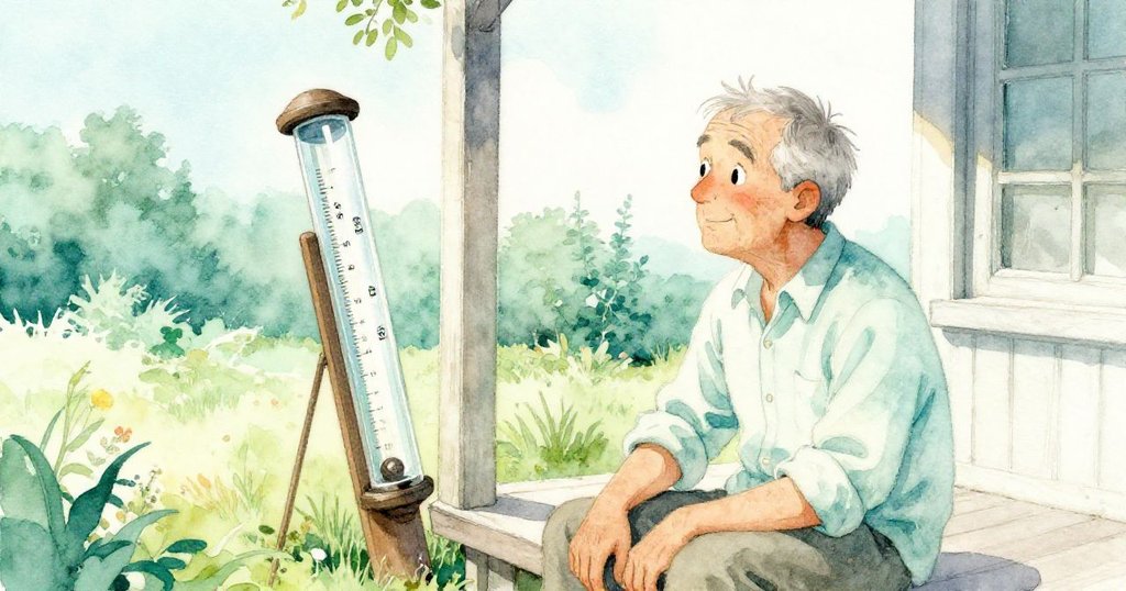 西拉於門廊靜坐,目光深思觀察戶外傾斜儀器,背景柔和色調呈現懷舊靜謐氣氛。