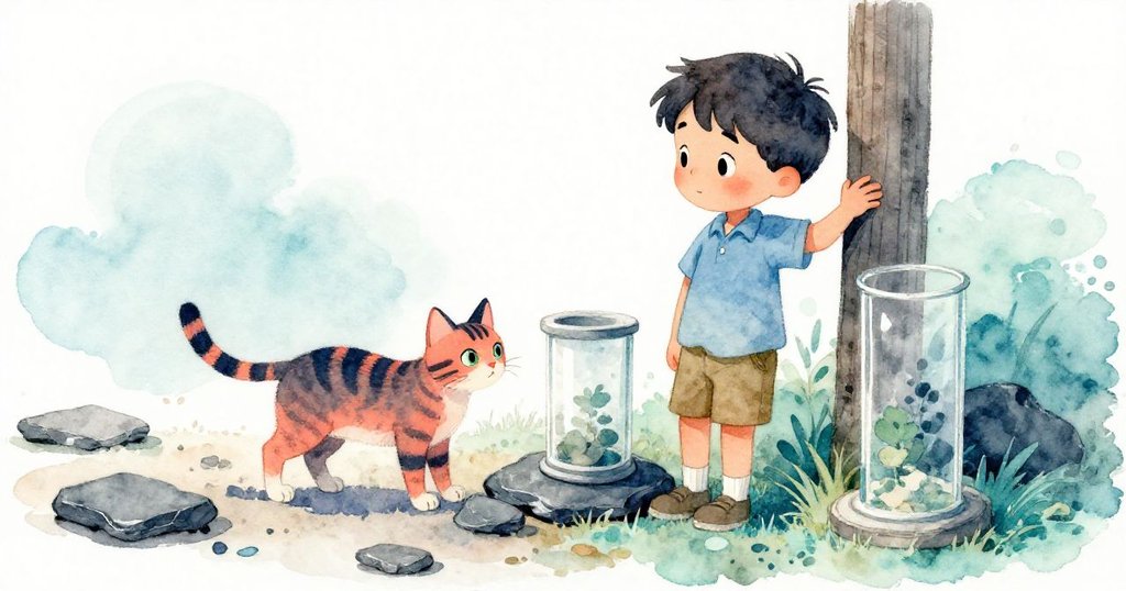 昆恩審視精準擺放的石片與玻璃儀器,身邊毛孩靜步相伴,決策瞬間充滿動感與冒險氣息。