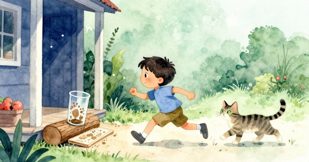 昆恩奔向室內,背後玻璃儀器上留有泥指印與濕潤記錄,毛孩伴隨,雨中寓意堅持與成長。