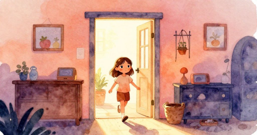 Xena 穿過明亮房門，臉帶期待走入溫暖室內，空氣中瀰漫著甜點與花香，故事悄然展開