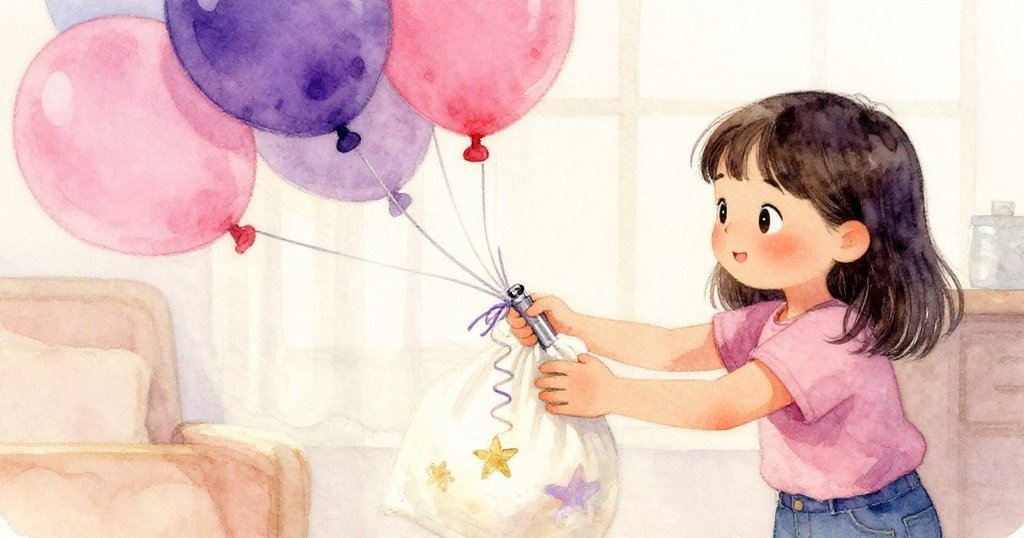 Hana 輕推氣球袋，細膩粉末與整齊緞帶近景呈現，室內光線柔和，展現溫馨家庭細節