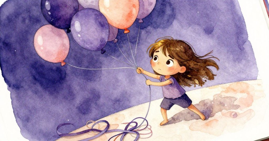 Xena 眉頭緊鎖掙扎打開糾結氣球繩，桌上散落緞帶呈現紛亂景象，室內光影溫柔轉暗