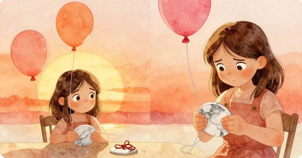 Xena 分欄畫面中左側留著糾結氣球繩，右側用大理石杯墊固定鬆弛繩索，展現解決問題的靈機一動