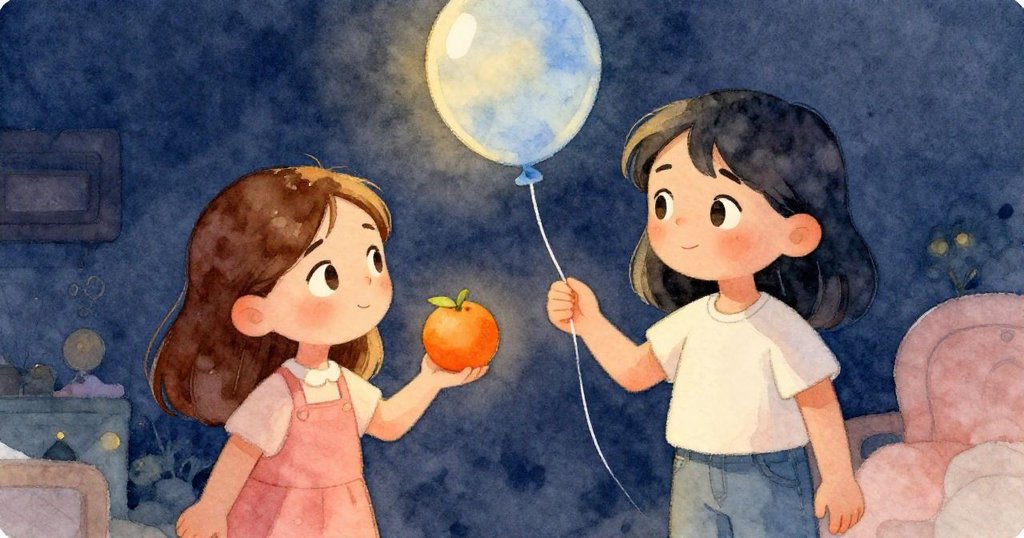 Xena 與 Hana 面對面比較藍橙氣球，輕觸鼻尖流露驚喜表情，室內溫暖燈光襯托出細膩情感