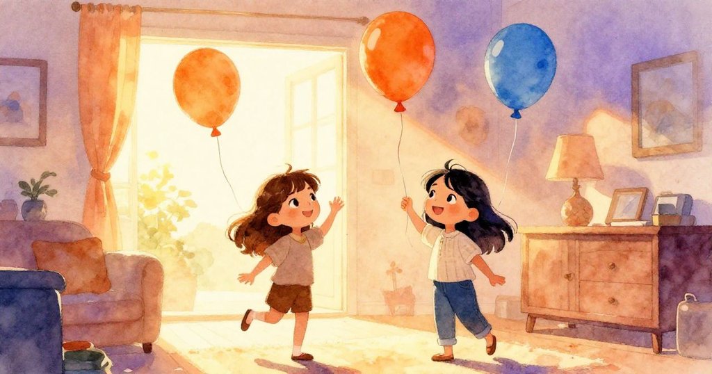 Xena 與 Hana 目送氣球緩緩升起，笑容溫暖，氣球上閃爍金色燈光，室內氛圍溫馨告別