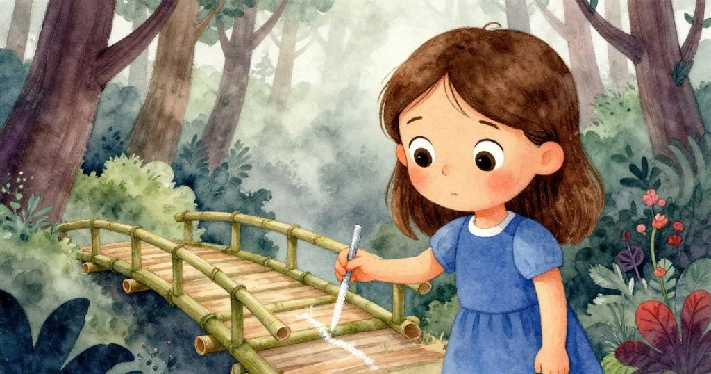 Dinah在竹林中專注地用粉筆標記竹橋,她的臉上流露出好奇與專注,背景有柔和光影。