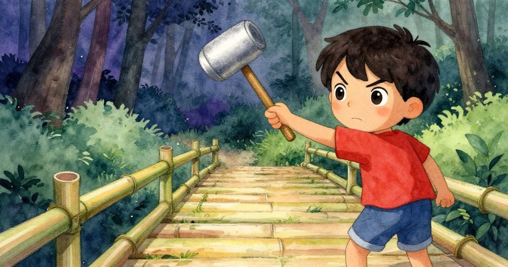 從Keane視角看竹橋,他舉著木槌輕敲竹子,細緻質感中充滿期待與專注,背景映出竹林光影。