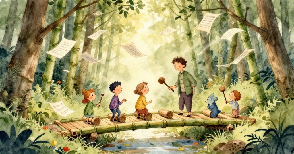 細緻的近照呈現粉筆塵在竹子周圍飄舞,如水下光影般閃爍,充滿夢幻與神秘氣息。