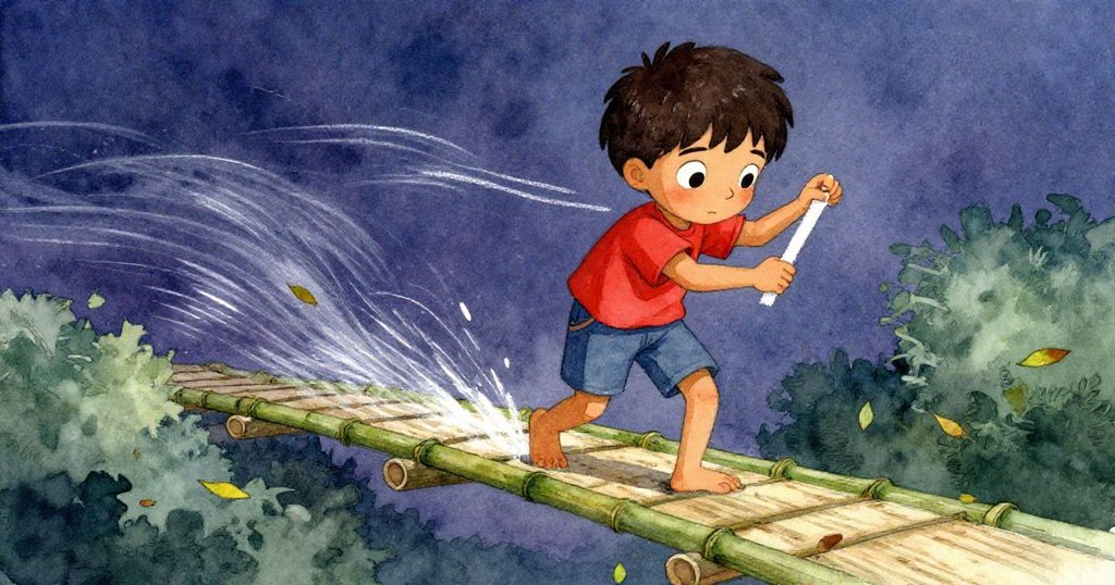 Keane在竹橋上小心調整動作,重新用粉筆標記關鍵點,神情堅定面對突如其來的風聲干擾。