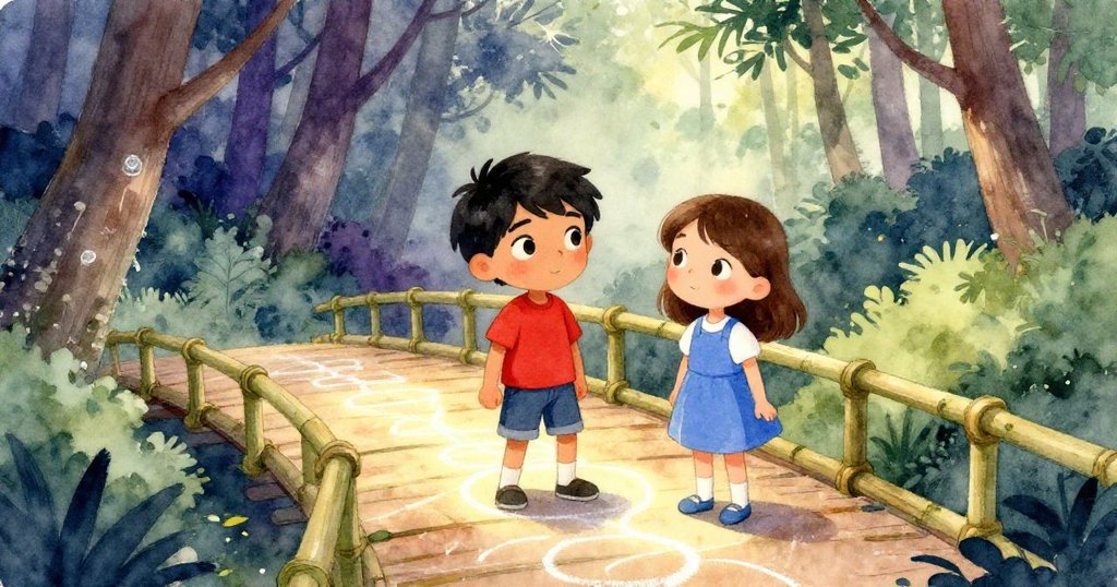 Keane與Dinah在竹橋旁重聚,臉上充滿喜悅與釋然,柔和光線下粉筆圖案微微發光,象徵冒險後的成功。