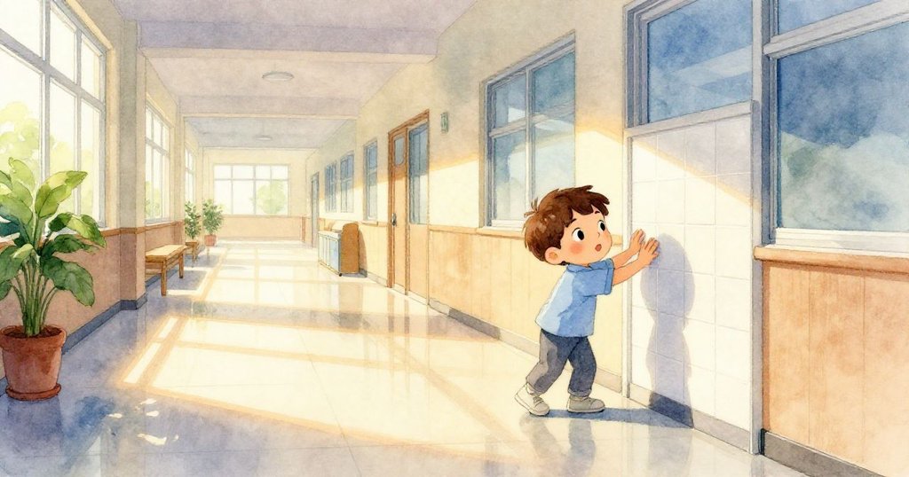 男孩Vaughn在校走廊輕觸光亮地板，反映出教室門與早晨柔和光線，神情好奇而專注。
