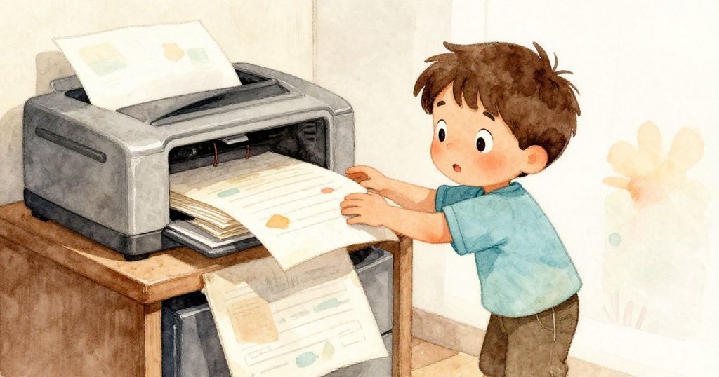 男孩Vaughn在辦公室角落靠近老舊影印機，輕觸帶塵紙捲，神情專注，光影中透出歲月痕跡。