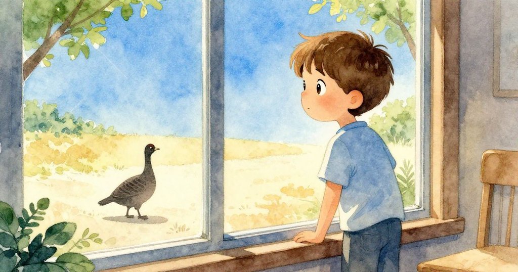 男孩Vaughn透過大窗凝視戶外，見曠野路面上一隻鳥影，表情沉思且充滿渴望。