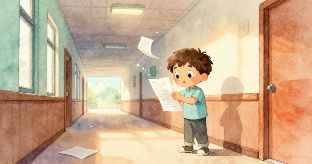 男孩Vaughn在校走廊中整理散落紙張，天花燈透射塵埃與陰影交織，氛圍溫暖而時光流轉。