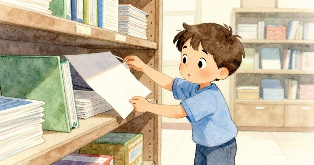 男孩Vaughn在辦公室內小心推動紙捲，手勢穩健，眼神專注，捕捉到紙張緩移前的決定性瞬間。