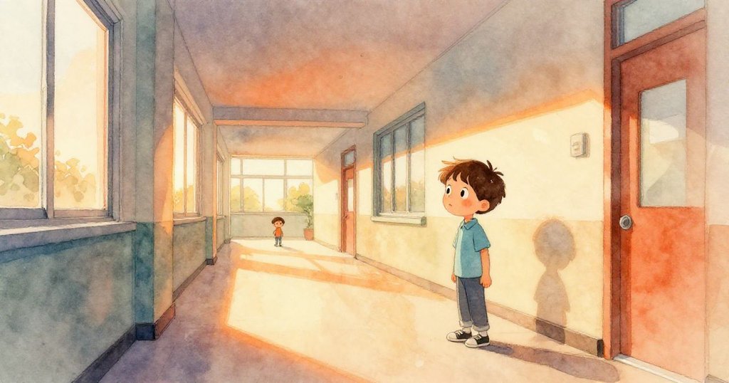 男孩Vaughn在走廊遠處靜觀，光影交錯映出熟悉景致與細微痕跡，氛圍平靜溫暖，寓意一天結束。