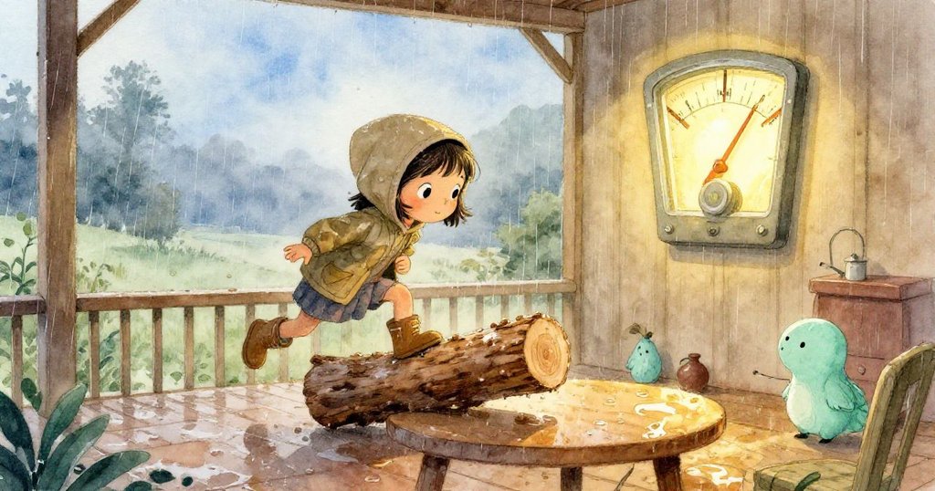 珍珠站在雨中門廊前,平衡著濕潤的記錄本與發光儀錶,神情專注,雨滴映襯出清晨氣氛。