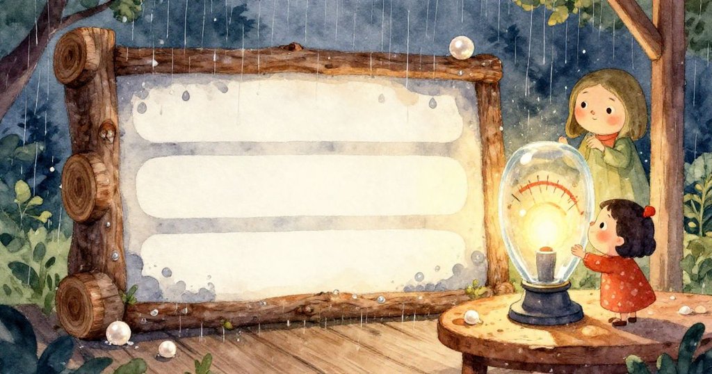 珍珠的手在潮濕儀錶上輕輕觸碰,雨滴閃爍中精心對準最低刻度,細節豐富表達測量過程。