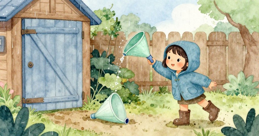 珍珠在雨中的花園裡,注意到搖晃的棚門和滾動的塑料漏斗,泥濘靴印與細膩雨景營造生動季節感。