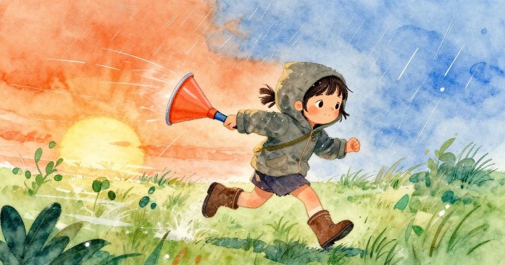 珍珠在急促的雨中奔跑,緊握塑料漏斗,水花飛濺,動感十足的畫面表現出暴雨中緊張的節奏。