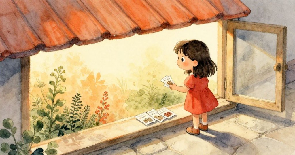 小威拉站在窗台上仔細檢查種子包裝,背景呈現溫暖石地與屋頂,神情平靜且充滿期待,環境充滿自然氛圍。