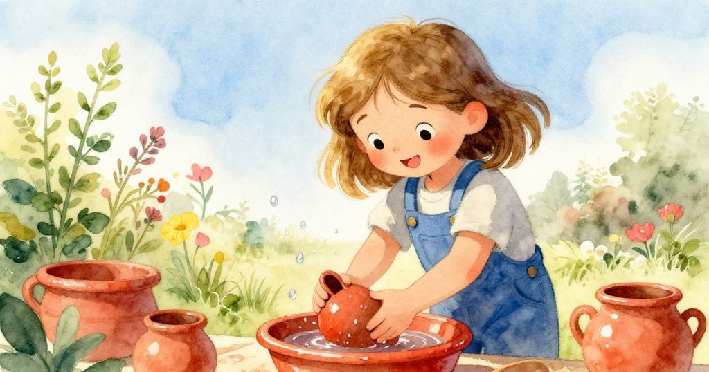 伊拉在戶外沖洗陶罐,水花飛濺映出清新陽光,背景綠意盎然,動作活潑且神情專注。